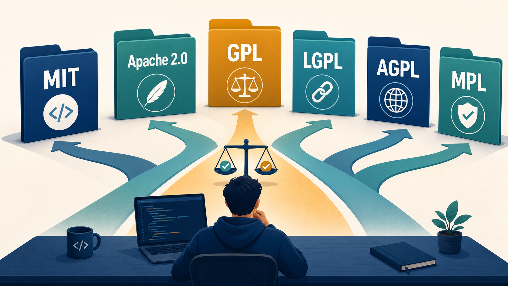 开源协议选型头图：MIT、Apache、GPL、LGPL、AGPL、MPL 的分叉选择